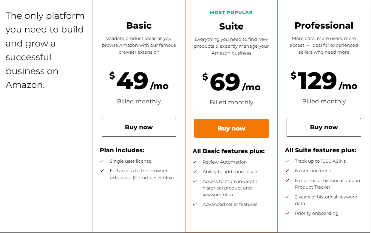 Jungle Scout Pricing Plan - Helium 10 vs Jungle Scout