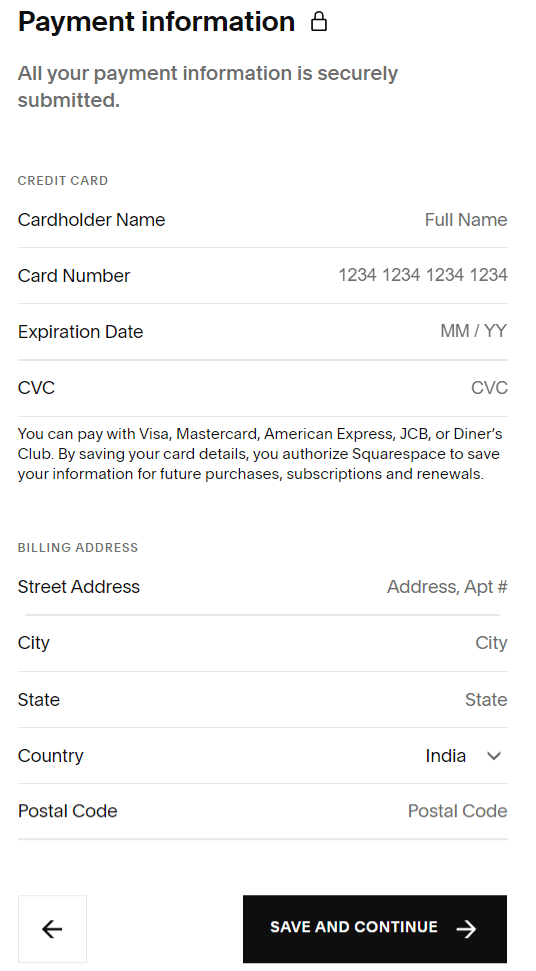 Payment Information - Squarespace Promo Code