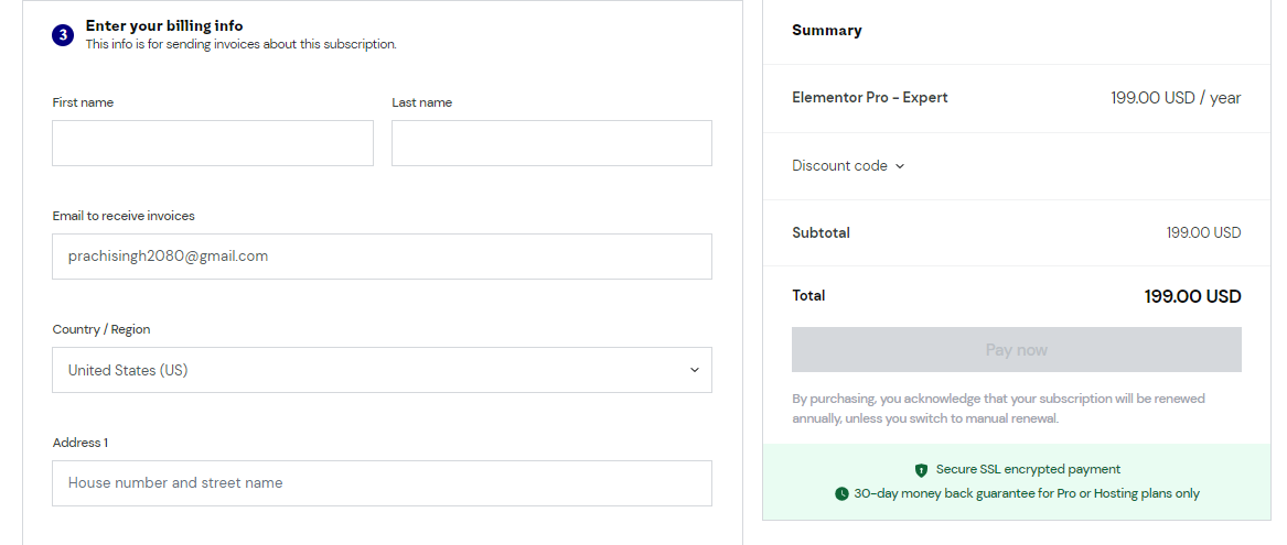 Elementor fill billing details