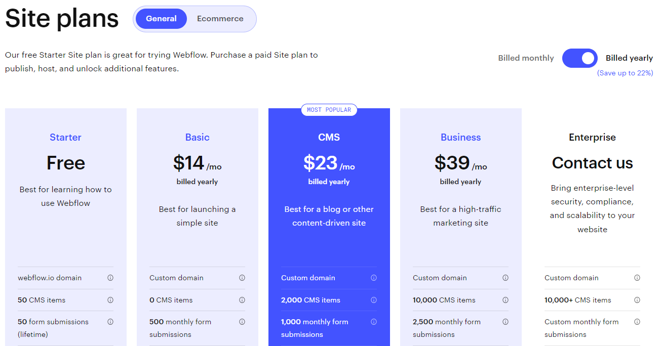 Webflow Pricing Page