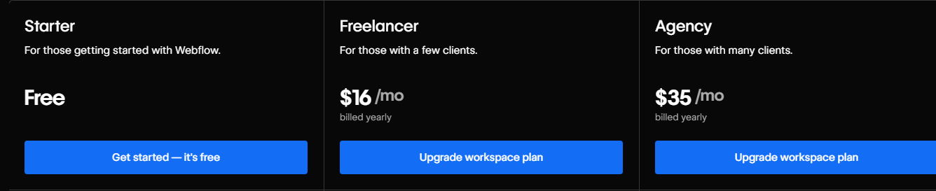 Webflow Workspace Plans (Freelancer/Agency)